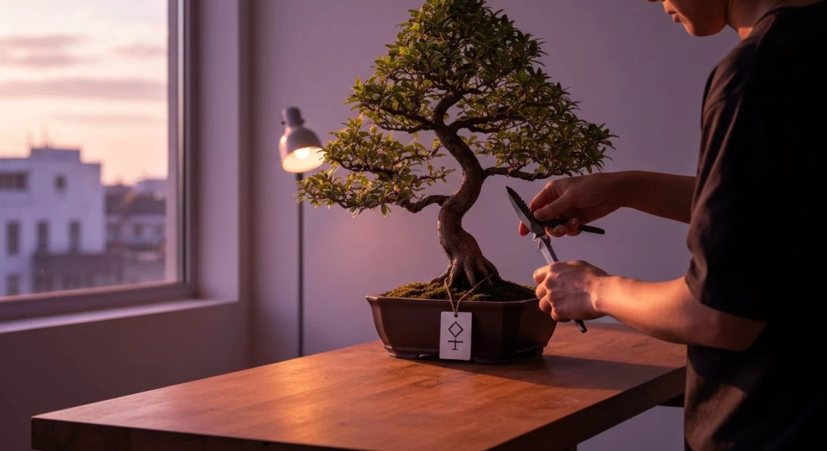 Persona poda bonsai en estudio minimalista junto a ventana atardecer