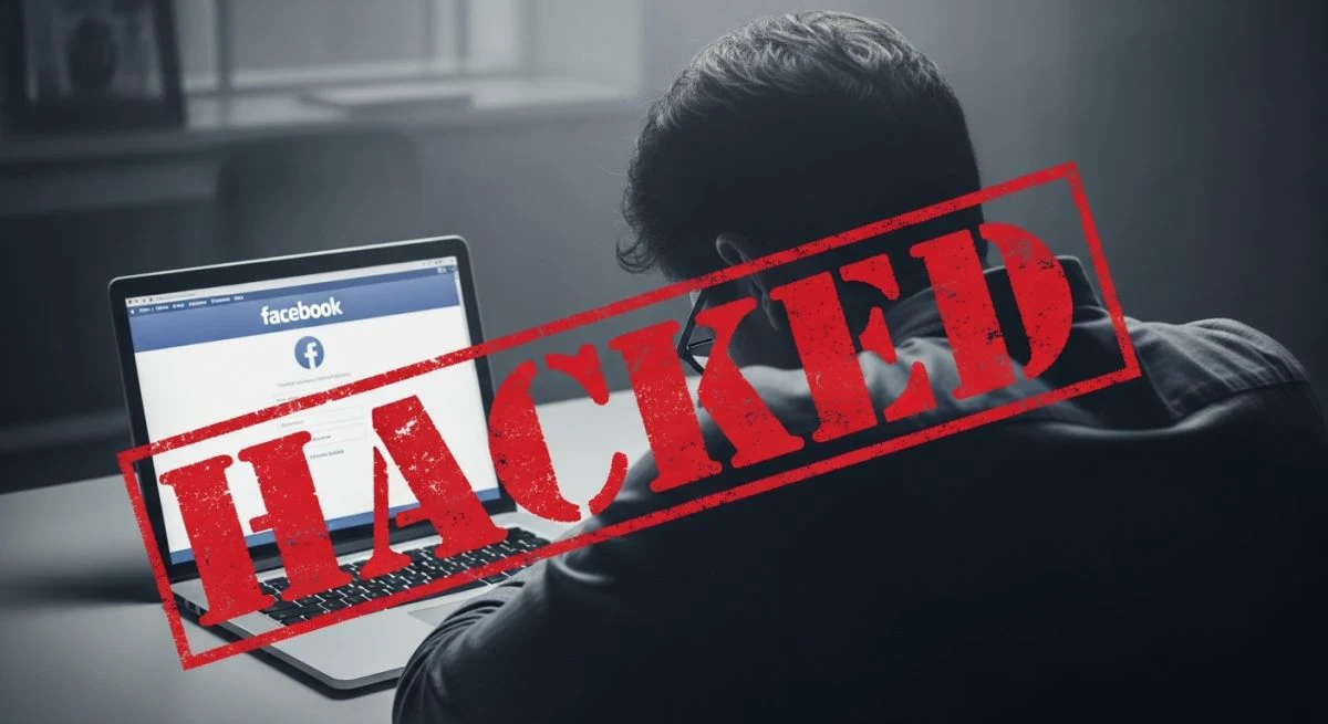 persona preocupada frente a ordenador con pantalla de inicio de sesion de Facebook y sello de hacked