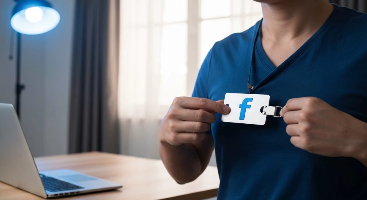 Persona retirando credencial con logo azul de Facebook en oficina