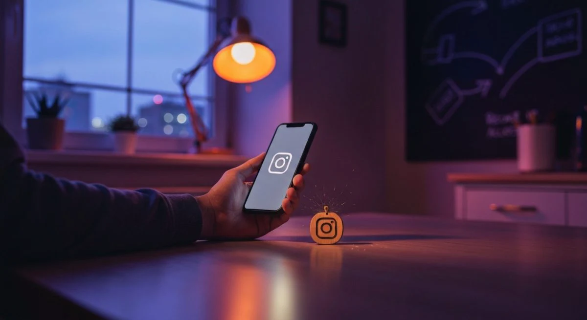 Persona sentada mesa cocina sostiene smartphone apagado colgante glifo Instagram