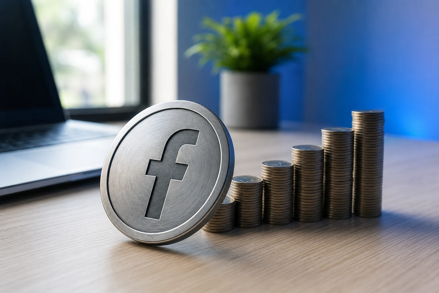 placa circular de metal con logo de Facebook y monedas