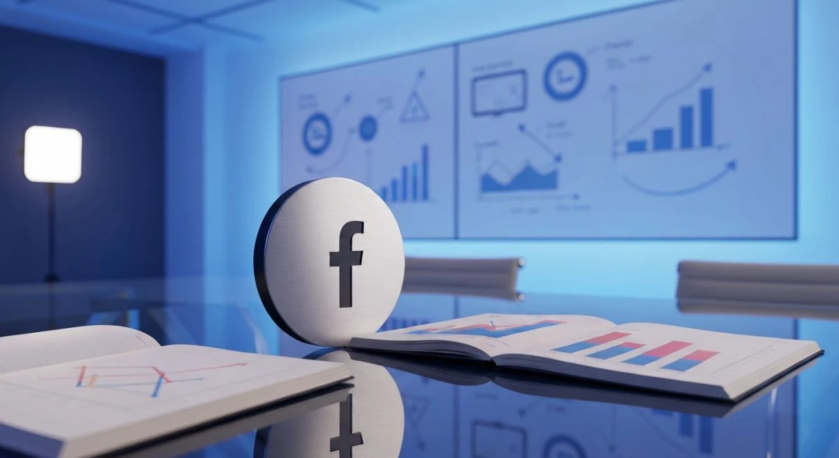 Placa Facebook circular de metal sobre mesa vidrio cuadernos pizarra