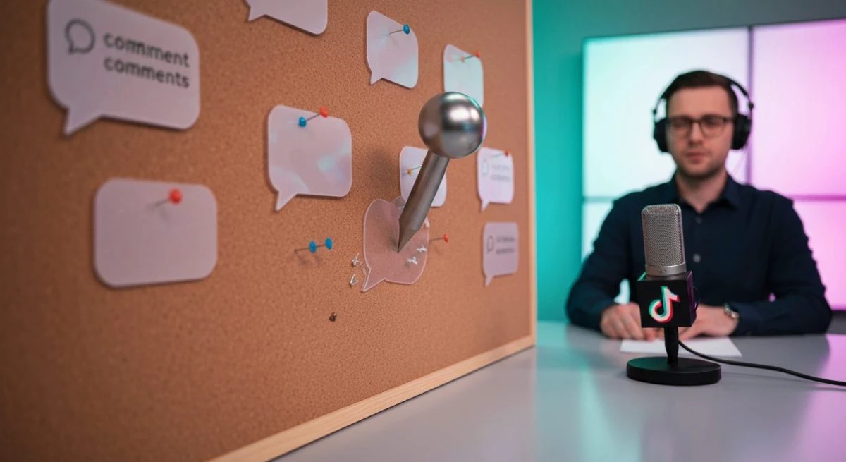 Presentador en estudio con pizarra de corcho y logo TikTok