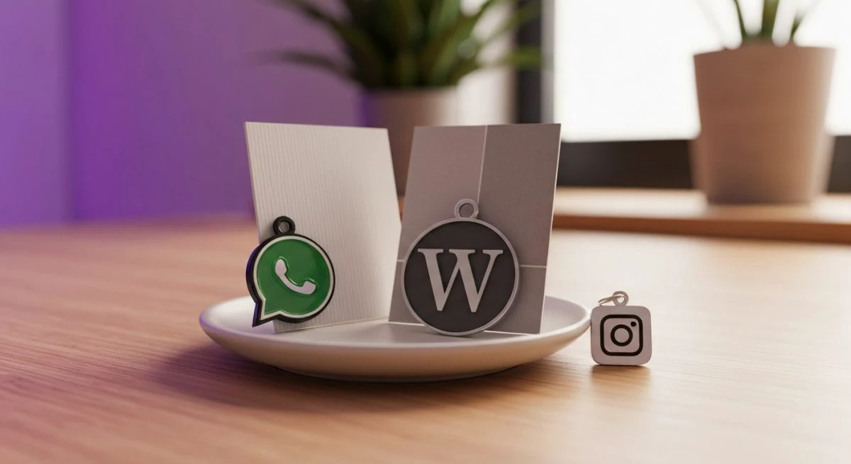 Primer plano de objetos WordPress WhatsApp e Instagram en triángulo