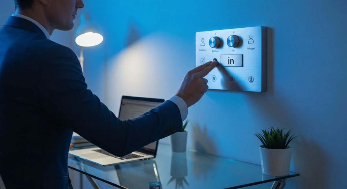 Profesional ajustando panel de privacidad y visibilidad en pared minimalista