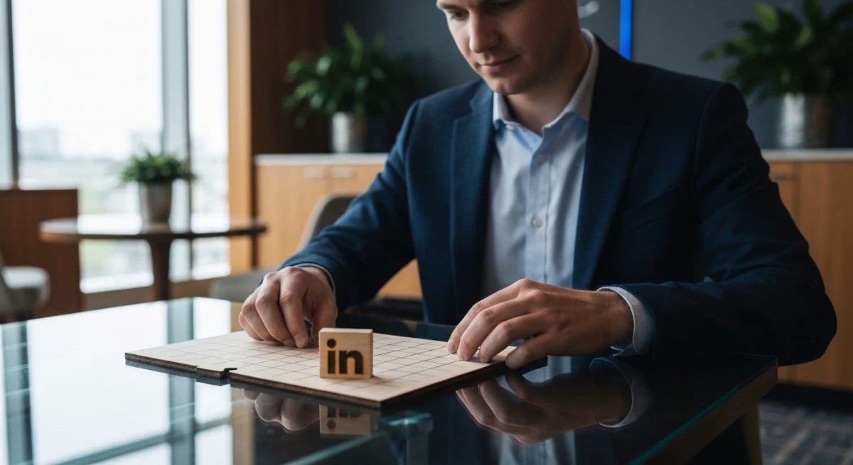 Profesional armando rompecabezas lógico en cuadrícula con pieza LinkedIn sobre vidrio