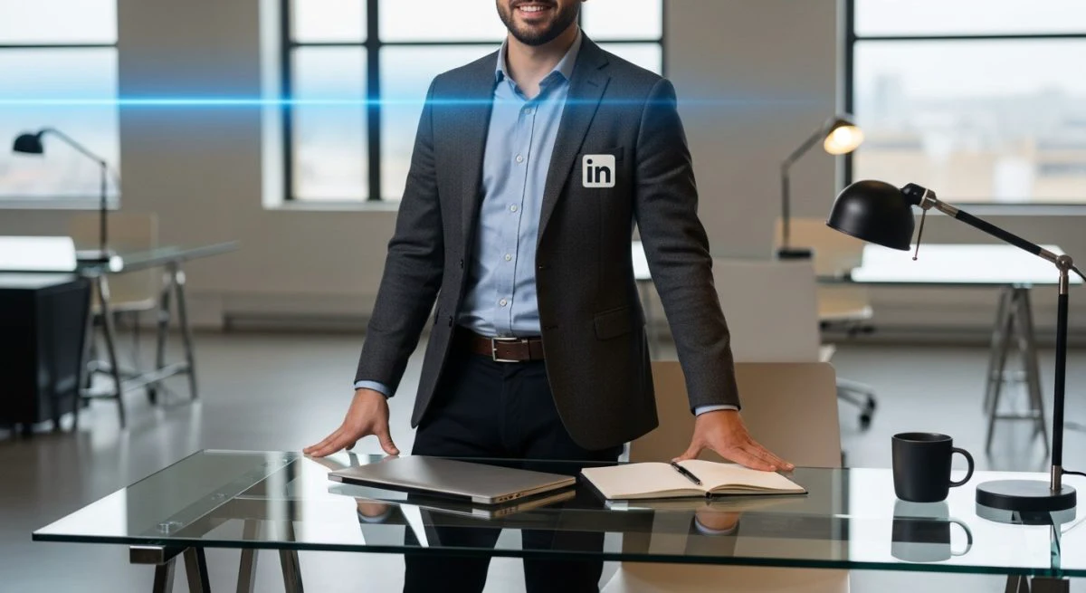 Profesional con blazer junto a escritorio de vidrio insignia LinkedIn