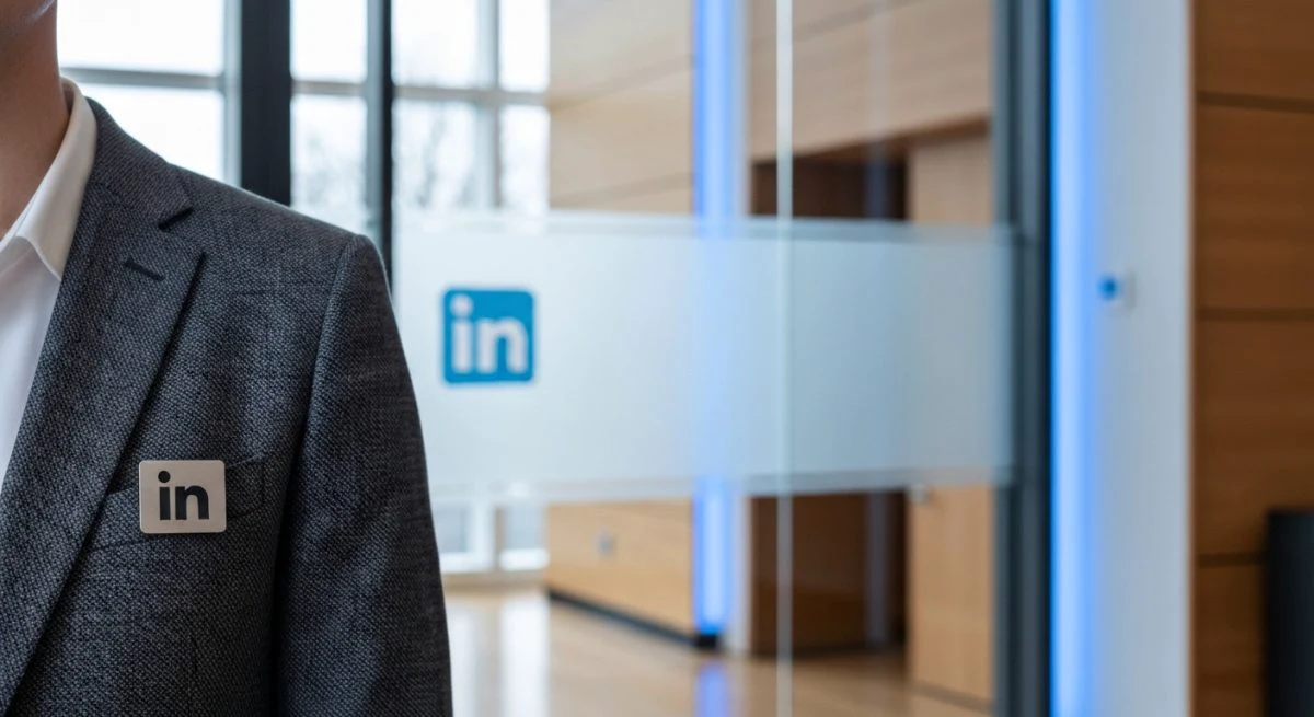 Profesional con insignia de LinkedIn en blazer en vestíbulo luminoso