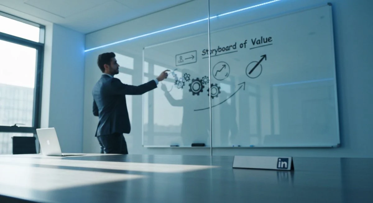 Profesional confiado frente a pizarra de vidrio en oficina LinkedIn