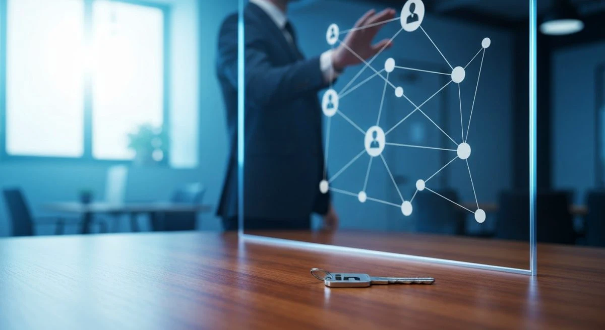 Profesional de negocios junto a panel de vidrio nodos LinkedIn