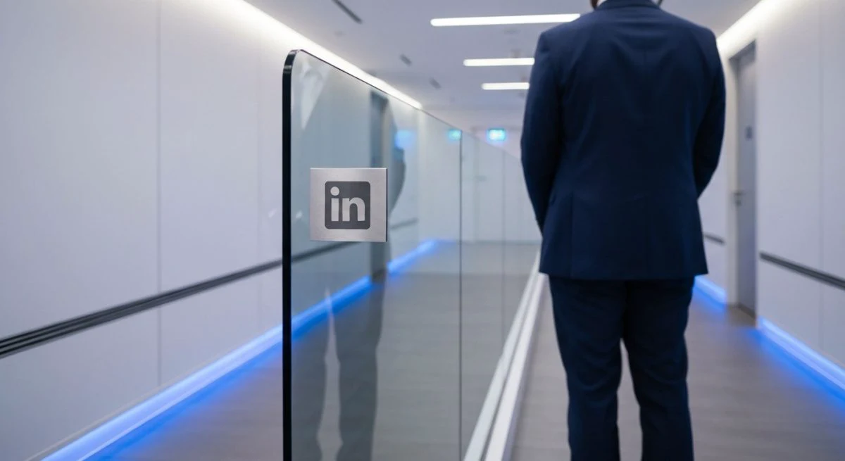 Profesional de traje azul marino ante barrera de vidrio LinkedIn