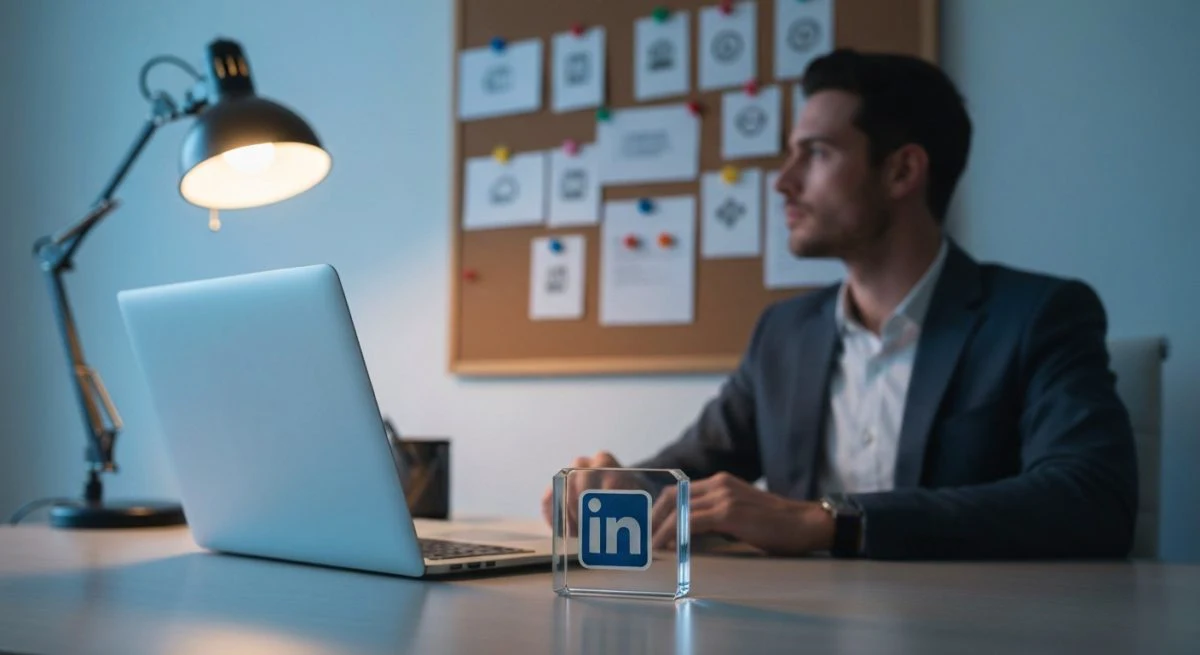 Profesional en escritorio casero observa pisapapeles de vidrio con LinkedIn