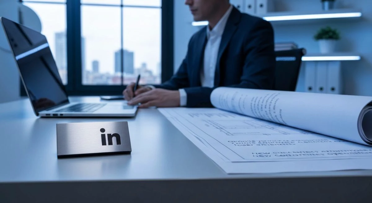 Profesional en escritorio minimalista moderno con placa LinkedIn y laptop