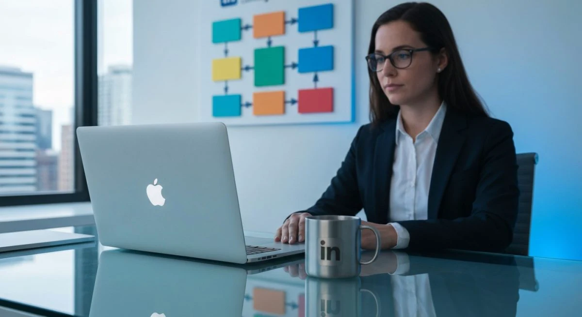 Profesional en escritorio vidrio taza logo LinkedIn y portátil iluminado