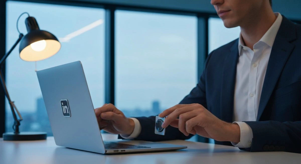 Profesional en oficina minimalista ajusta dial privacidad en laptop LinkedIn