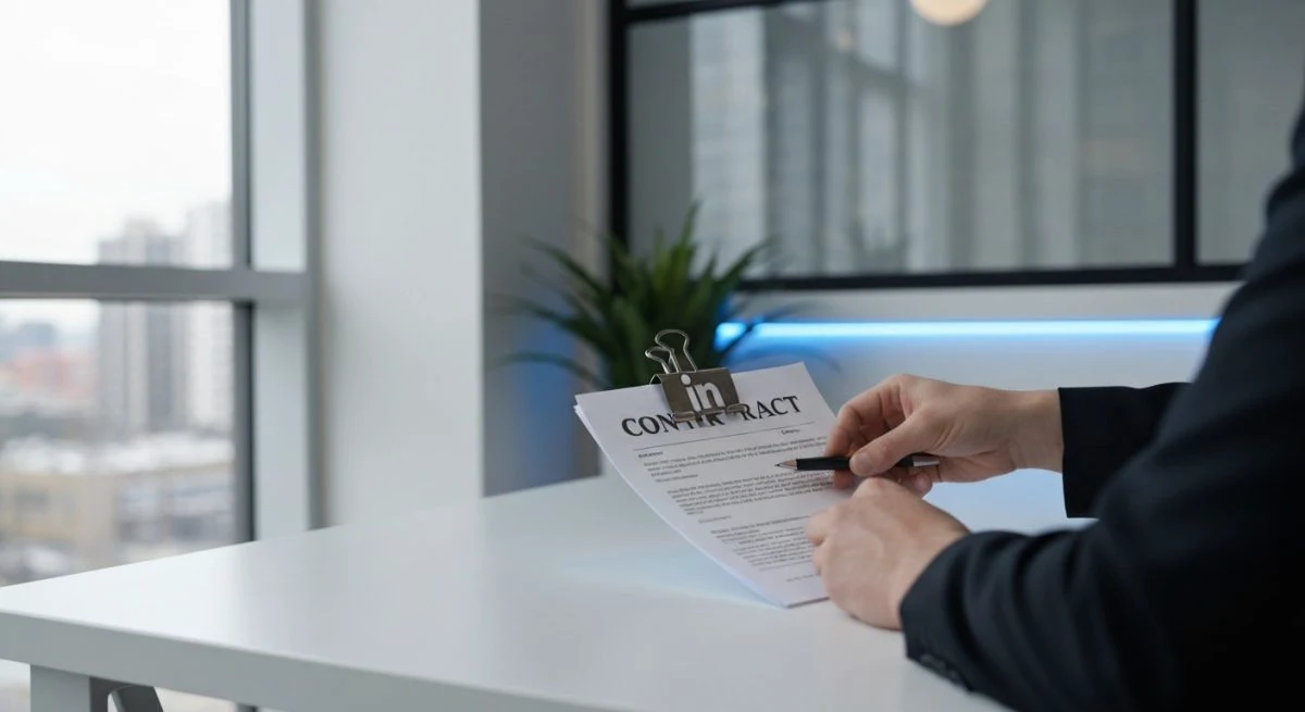 Profesional freelance en escritorio moderno ordenando papeles con clip LinkedIn