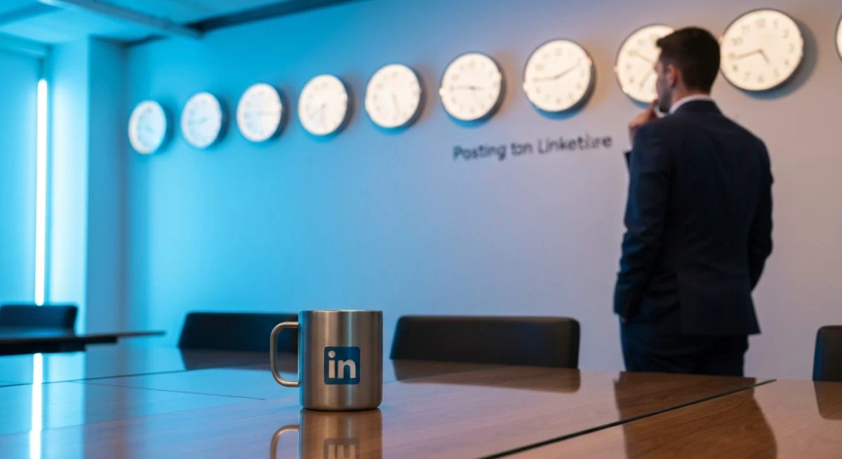 Profesional frente a relojes minimalistas y taza con logo LinkedIn