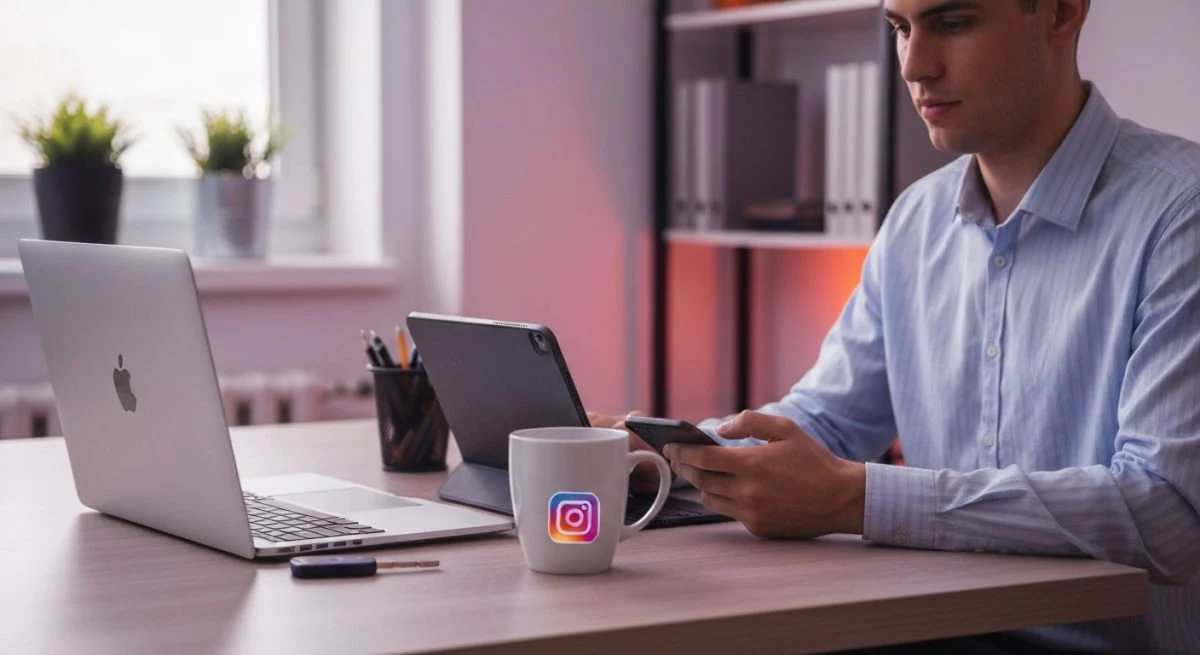 Profesional joven en escritorio moderno con laptop tableta smartphone Instagram