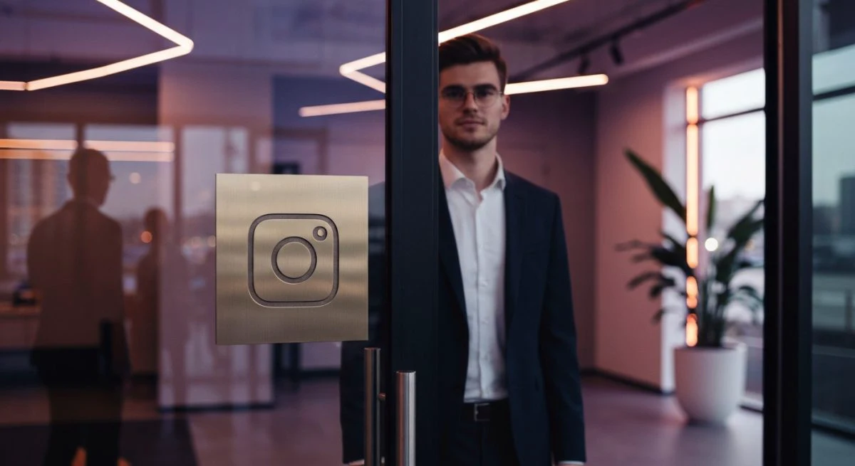Profesional joven frente puerta de cristal logotipo Instagram grabado visible