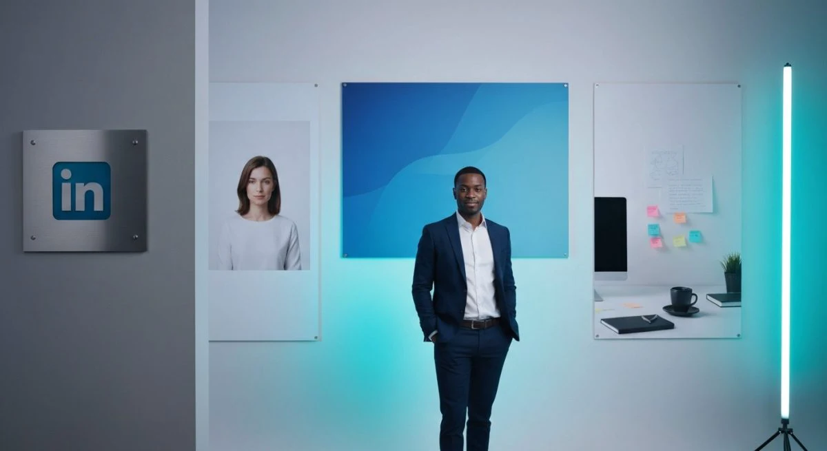 Profesional posado en estudio con branding LinkedIn y paneles iluminados