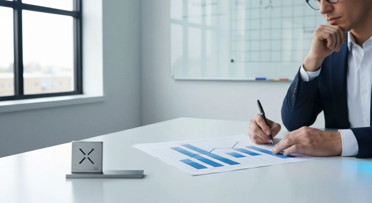 Profesional sentado en escritorio minimalista estudia infografía métricas logotipo X
