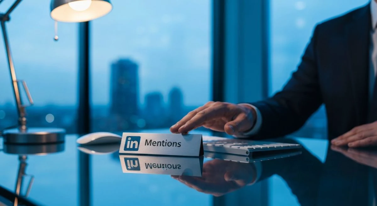 Profesional sentado frente a escritorio de vidrio observa placa LinkedIn