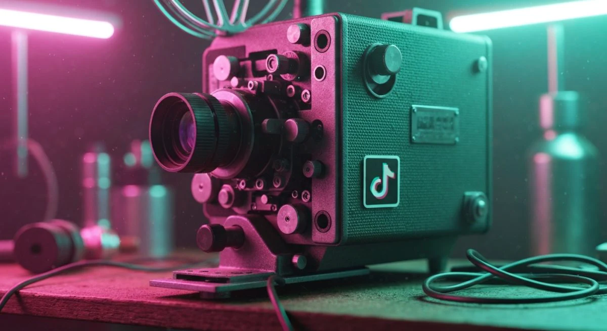 Proyector antiguo con logotipo TikTok en taller retro iluminado colorido