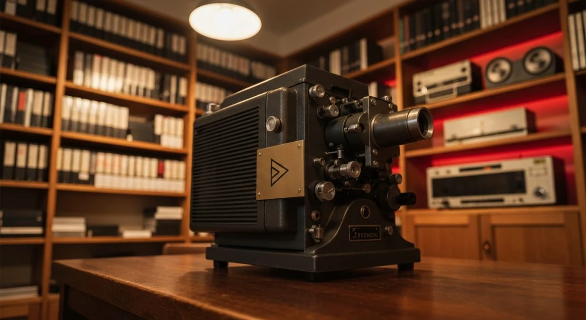 Proyector antiguo con placa triangular de latón sobre escritorio