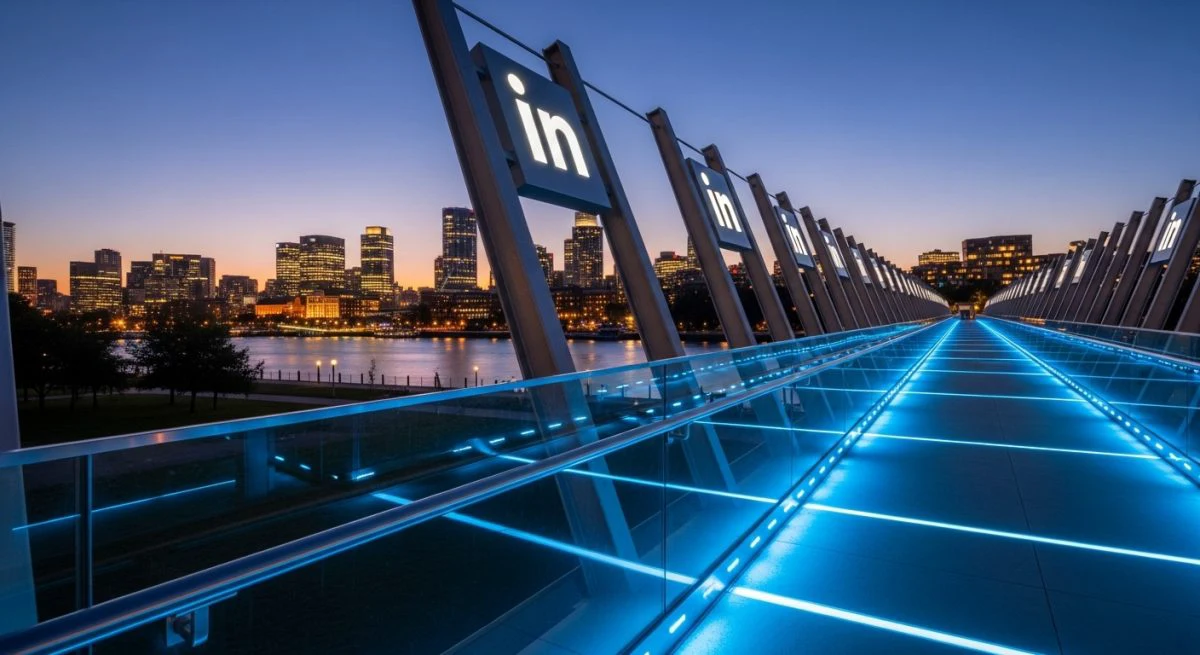 Puente peatonal moderno de acero y vidrio con logo de LinkedIn