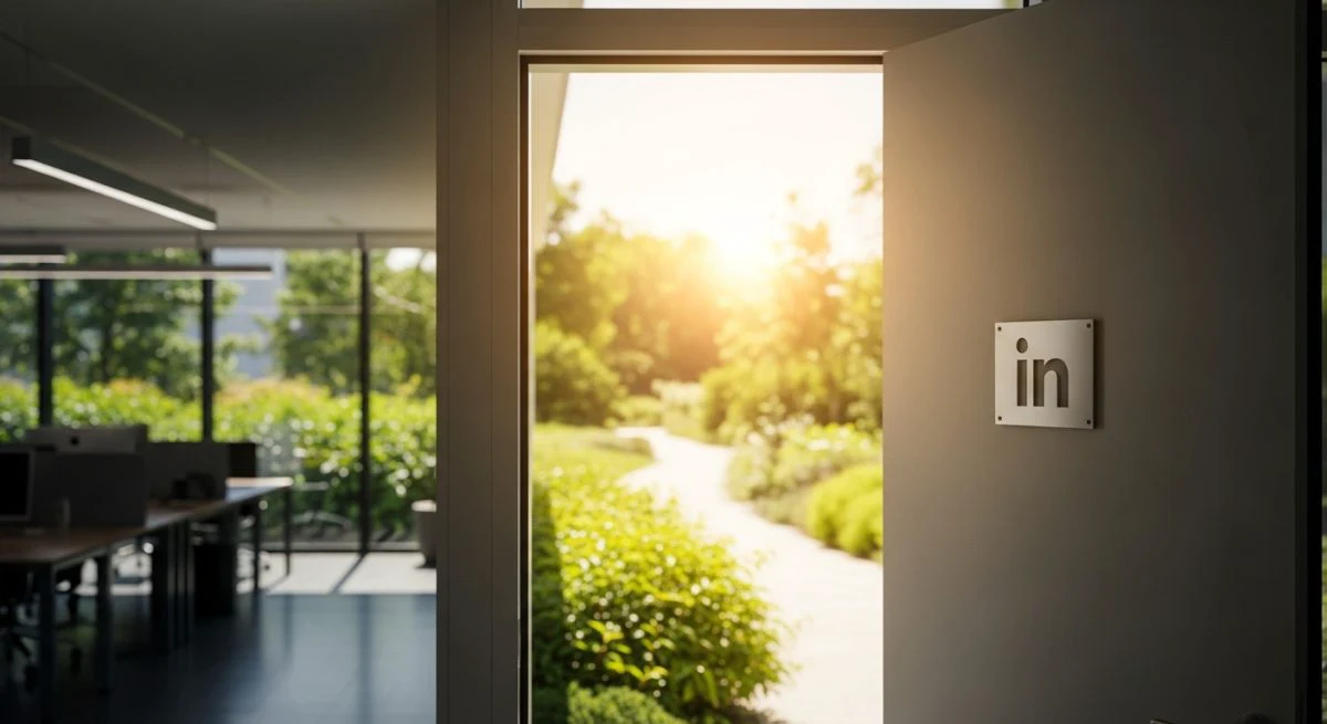Puerta abierta con logo de LinkedIn en marco moderno