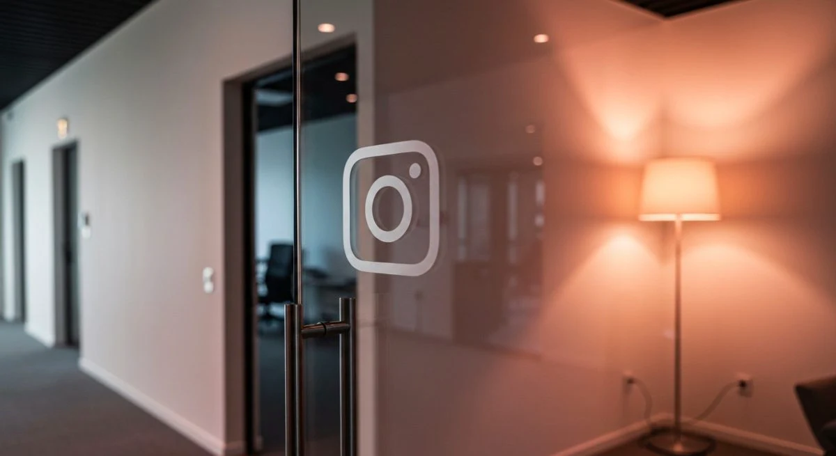 Puerta de vidrio en lobby minimalista con logo Instagram grabado
