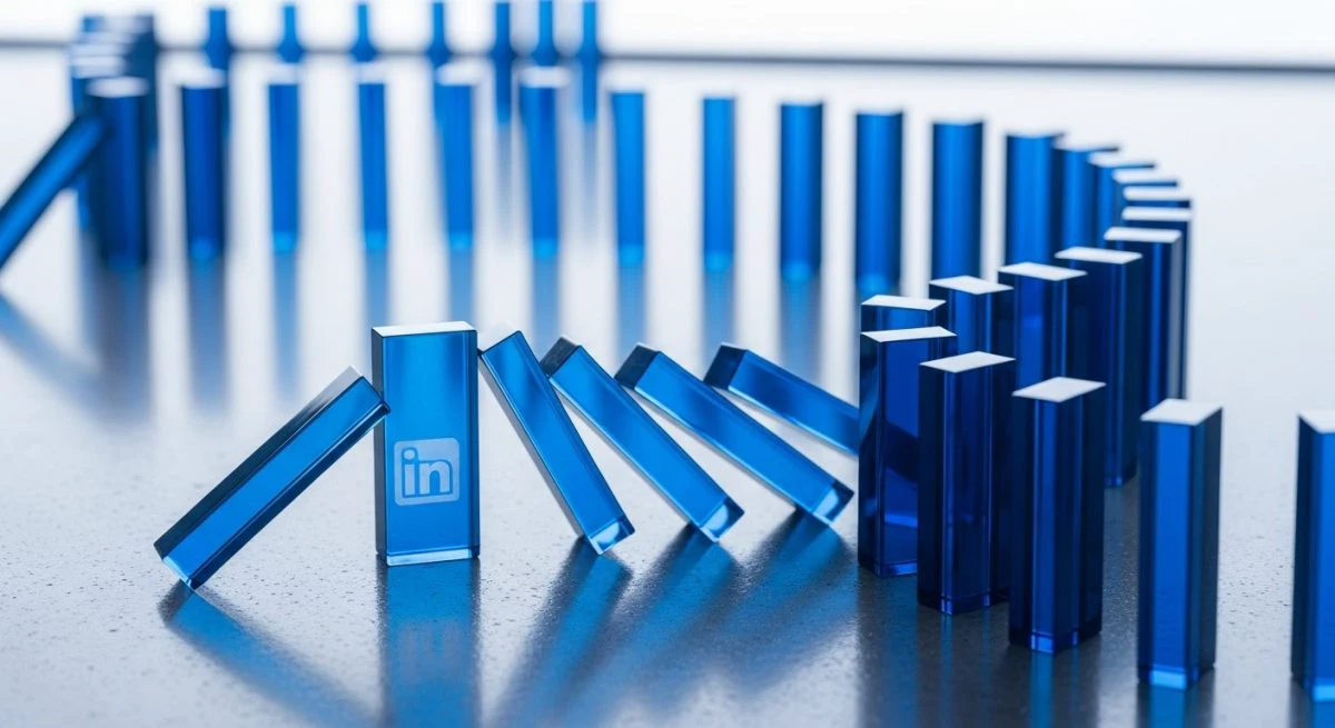 Reacción en cadena de dominós de vidrio azul con logo de LinkedIn