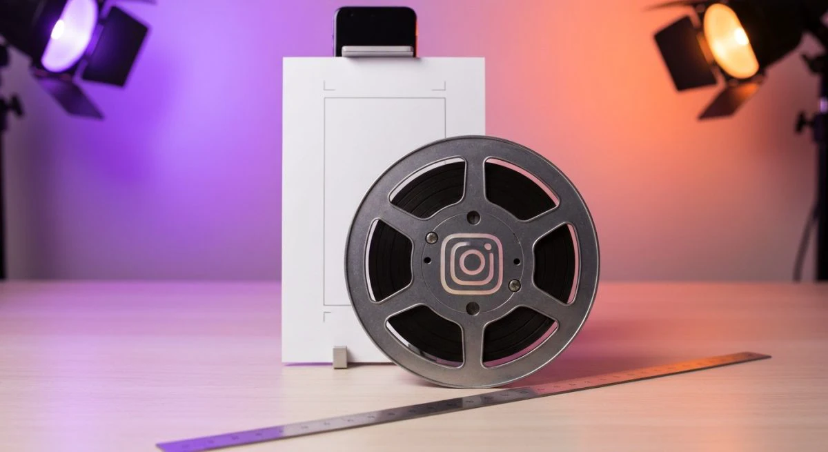 Reel vintage de cine con glifo Instagram sobre mesa madera