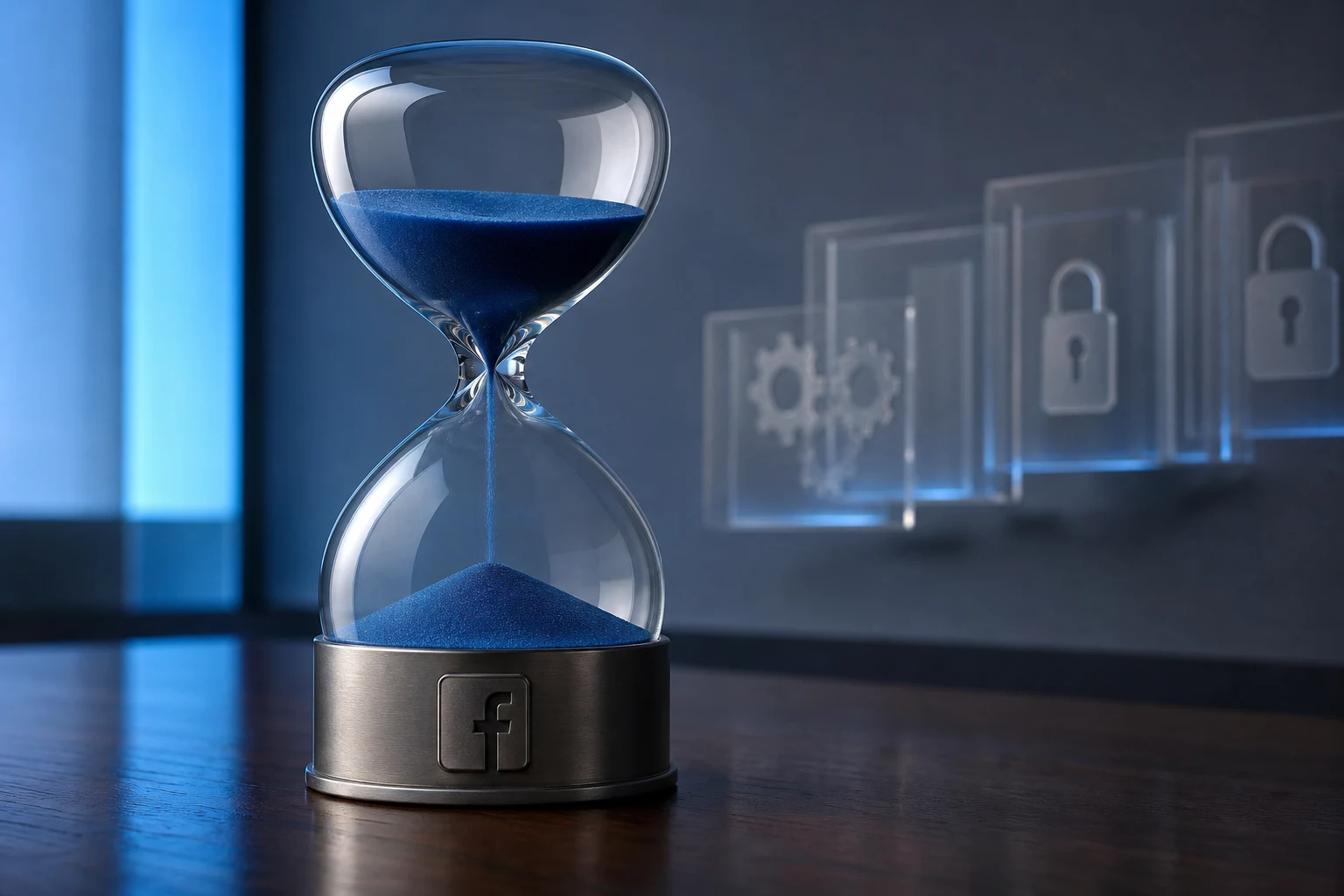 Reloj de arena azul grande con grabado Facebook sobre escritorio