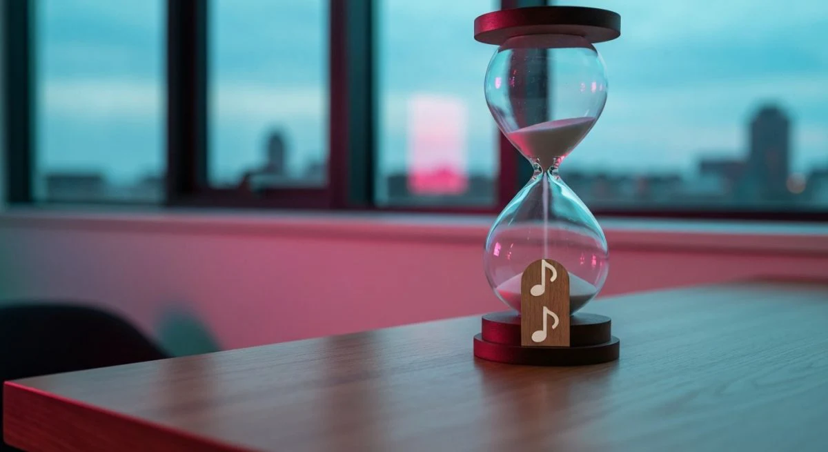 Reloj de arena sobre escritorio de roble con logotipo musical