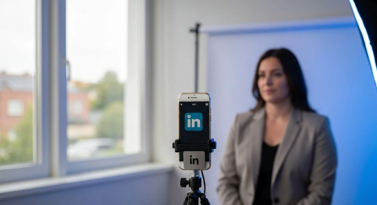 Retrato profesional con teléfono y trípode frente sujeto logo LinkedIn