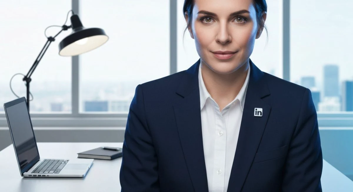 Retrato profesional en blazer azul marino con pin LinkedIn visible