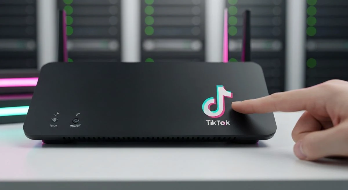 Router wifi con logo TikTok grabado y dedo presionando reinicio