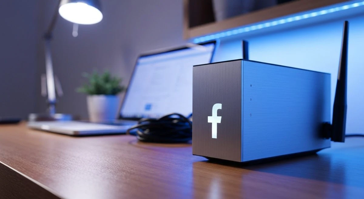 Router wifi elegante en escritorio de madera con logo Facebook