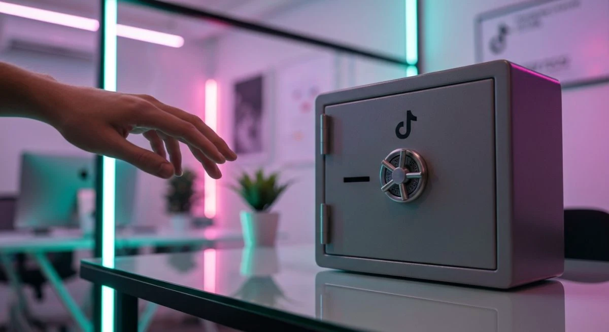 Segura metálica con logo TikTok grabado frente y mano acercándose
