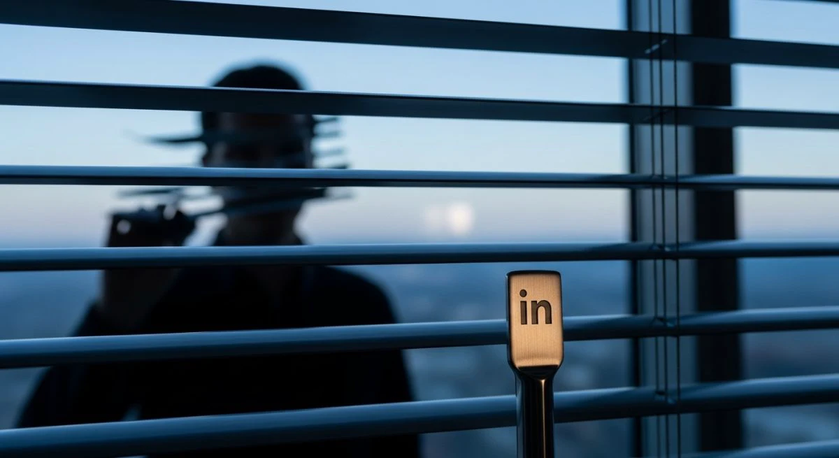 Silueta detrás de persianas venecianas con logo minimalista de LinkedIn