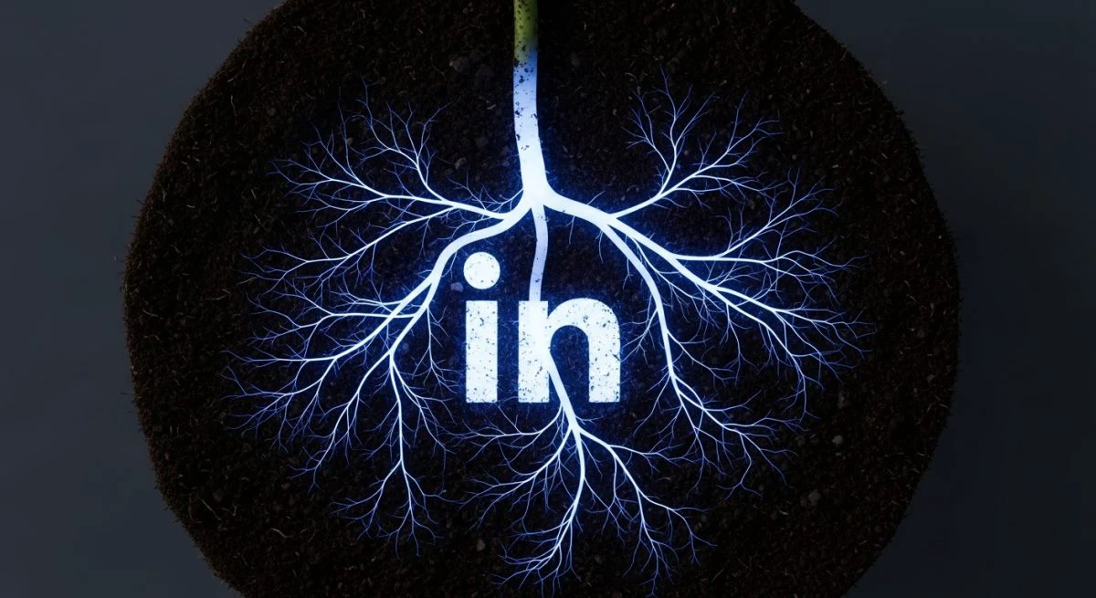 Sistema de raíces brillantes formando el logo de LinkedIn minimalist