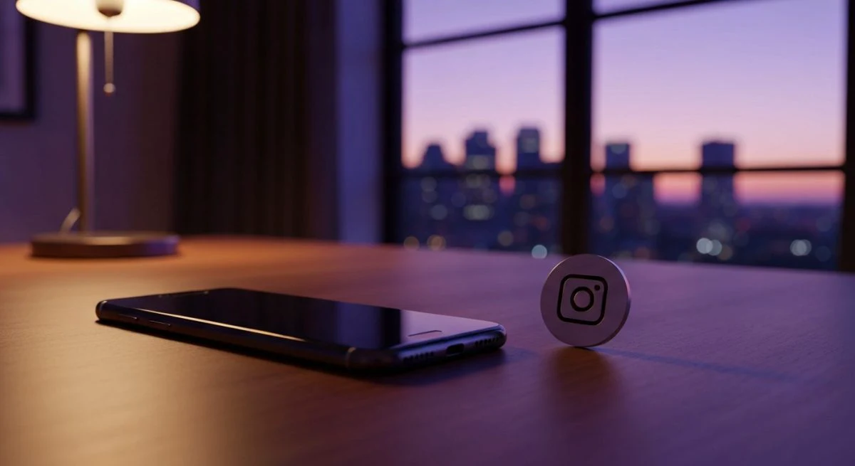 Smartphone boca abajo sobre escritorio de madera junto posavasos Instagram