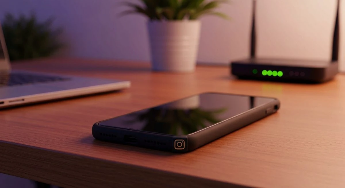 Smartphone moderno sobre escritorio de madera con logo Instagram grabado