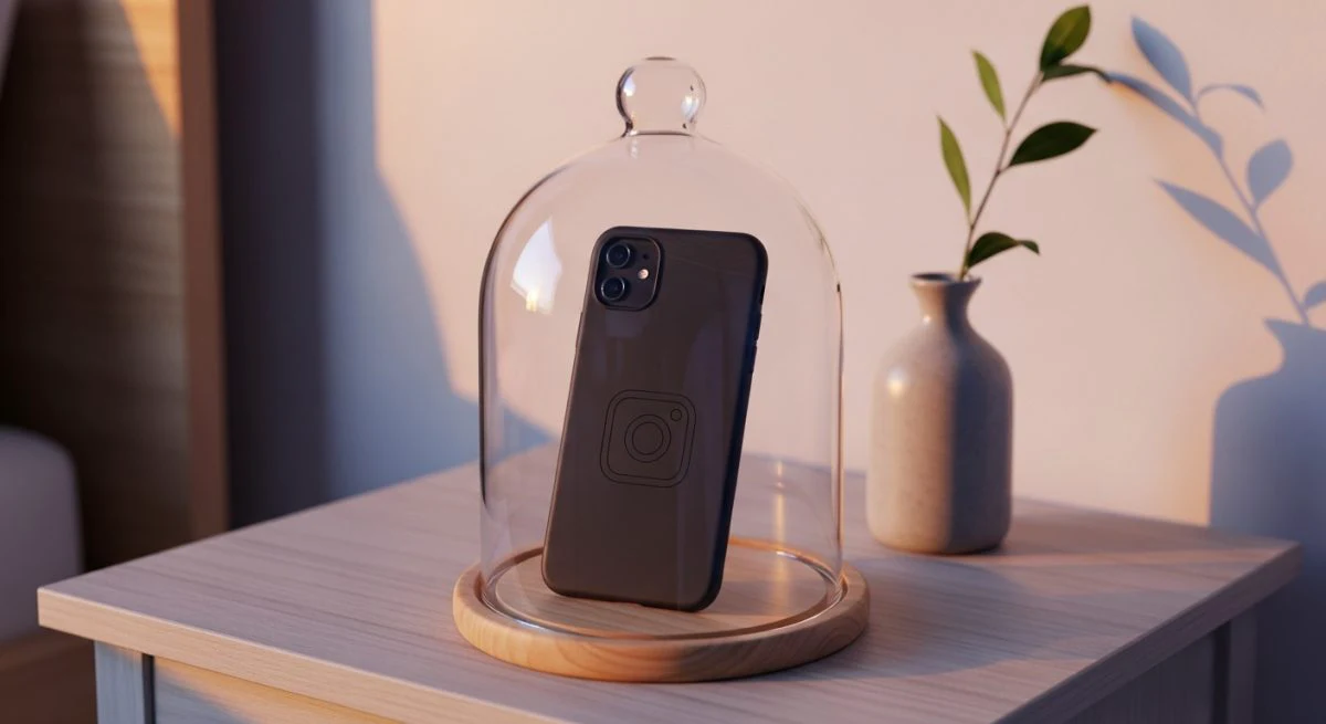 Smartphone negro bajo cloche sobre mesa con jarrón y ramita