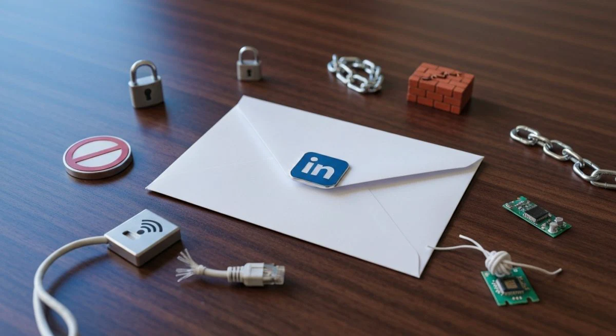 Sobre blanco central con logotipo LinkedIn rodeado de ocho obstáculos