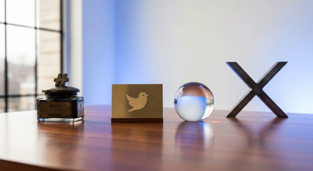 Tabla de nogal con evolución de X logo pájaro minimalista