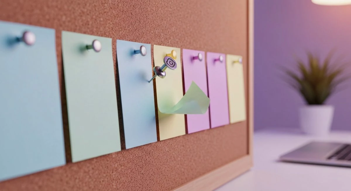Tablero de corcho con notas pastel y chincheta Instagram