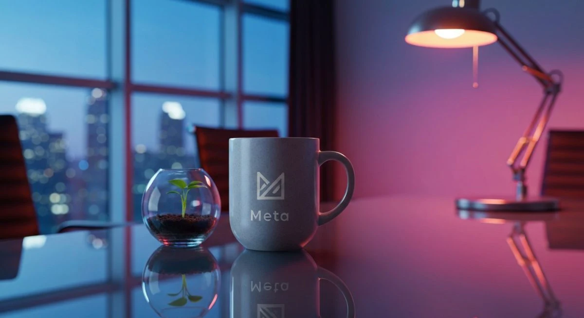 Taza cerámica con logo Meta grabado sobre mesa de vidrio
