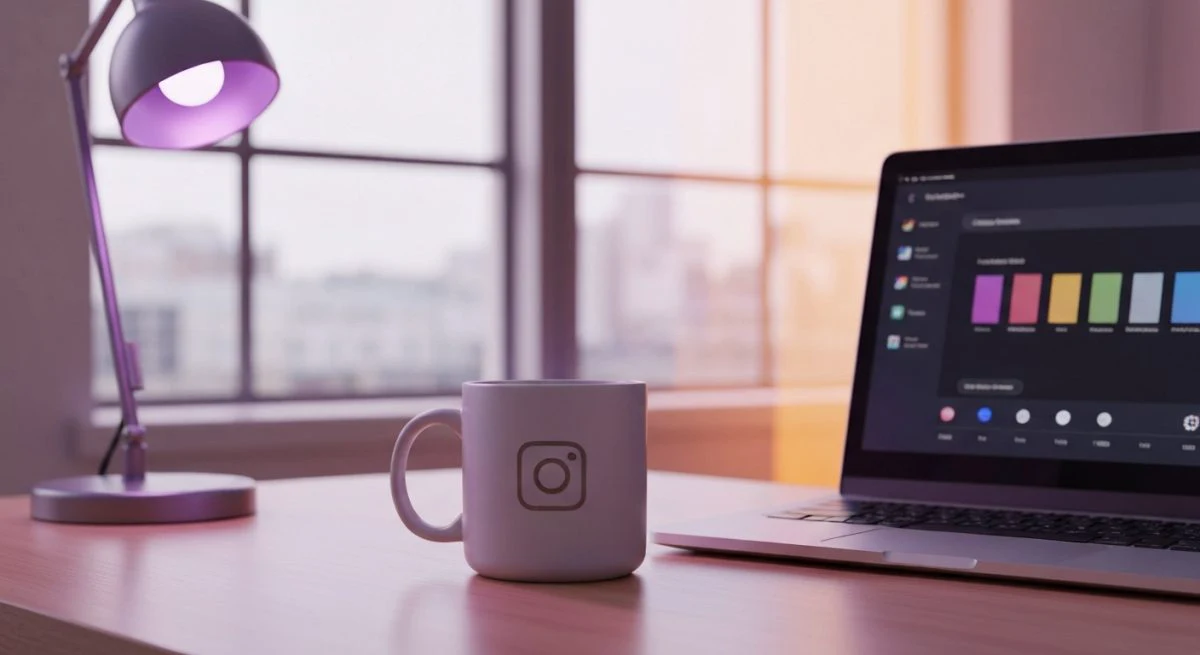 Taza cerámica mate con logotipo Instagram junto a portátil paletas
